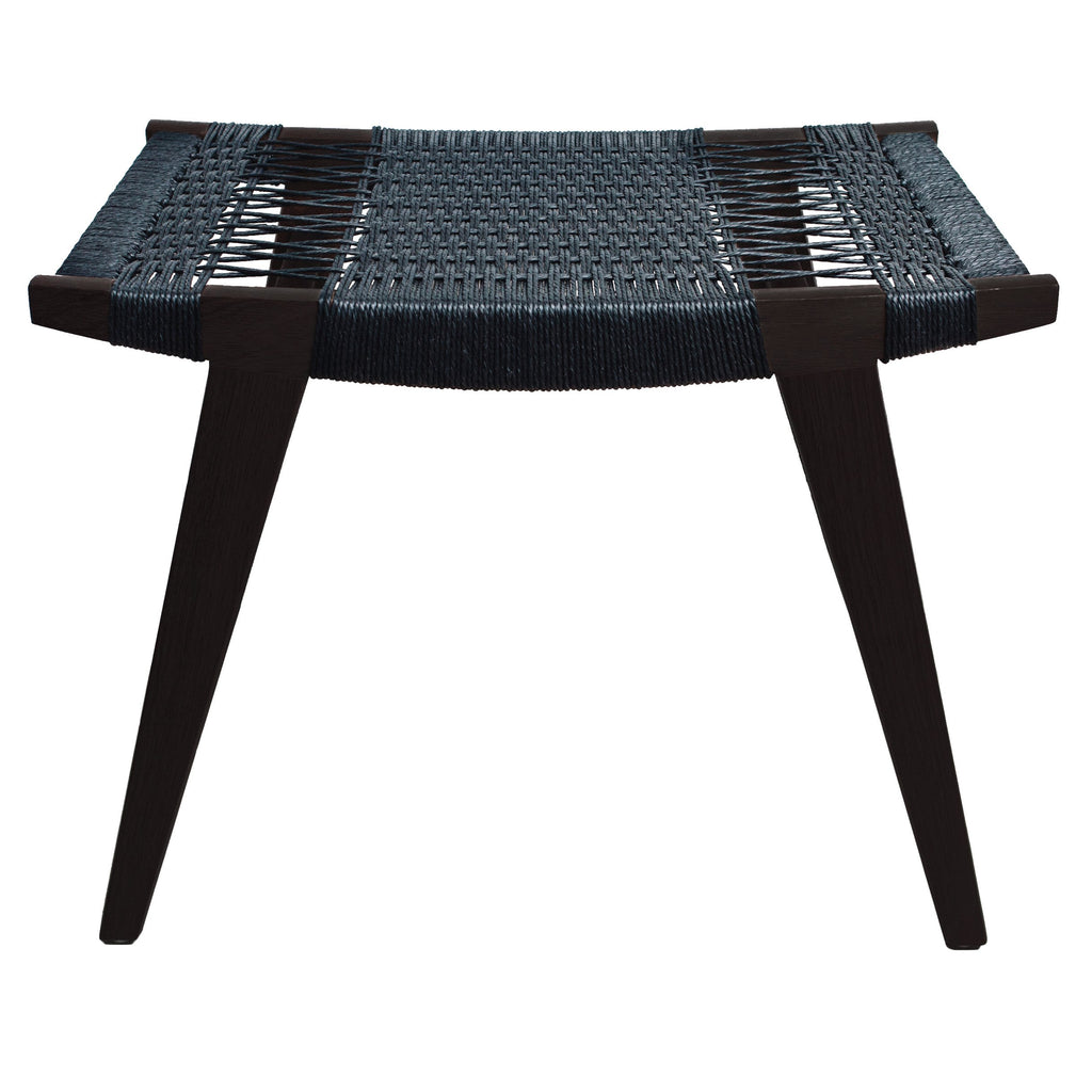 Photo of an ebonised oak and black Danish Cord pi stool on a white background.