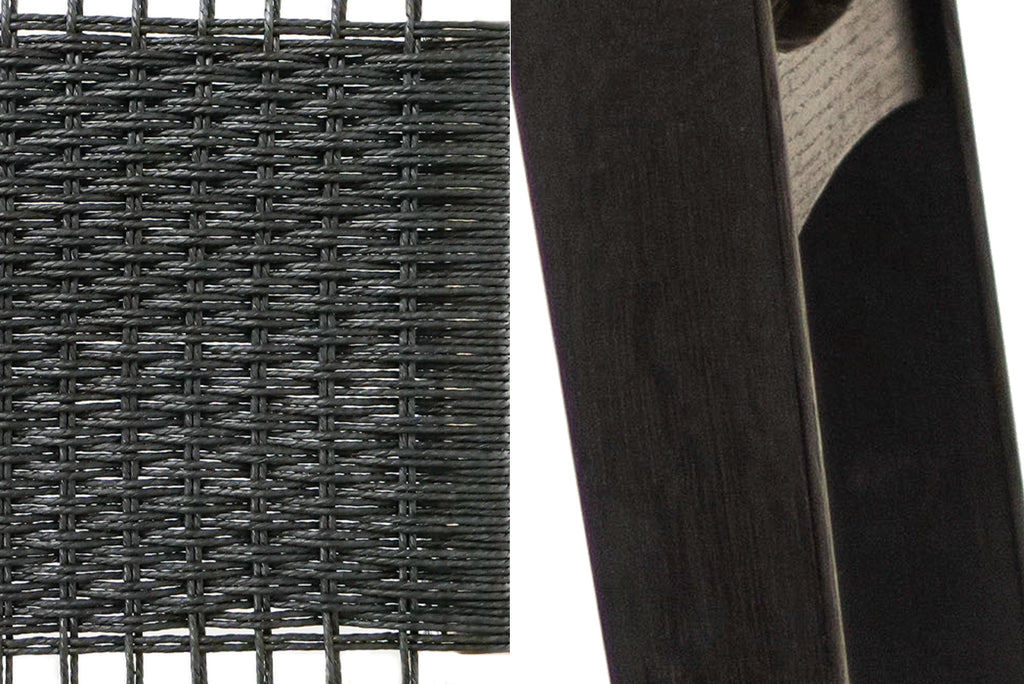 Photo sample of a black Danish Cord woven seat on the left, and an ebonised oak frame on the right.