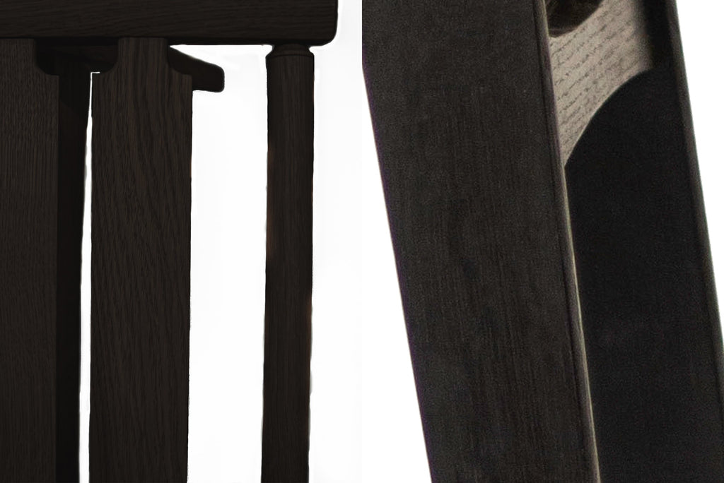 Photo sample of an ebonised oak slat seat on the left, and a ebonised oak frame on the right.