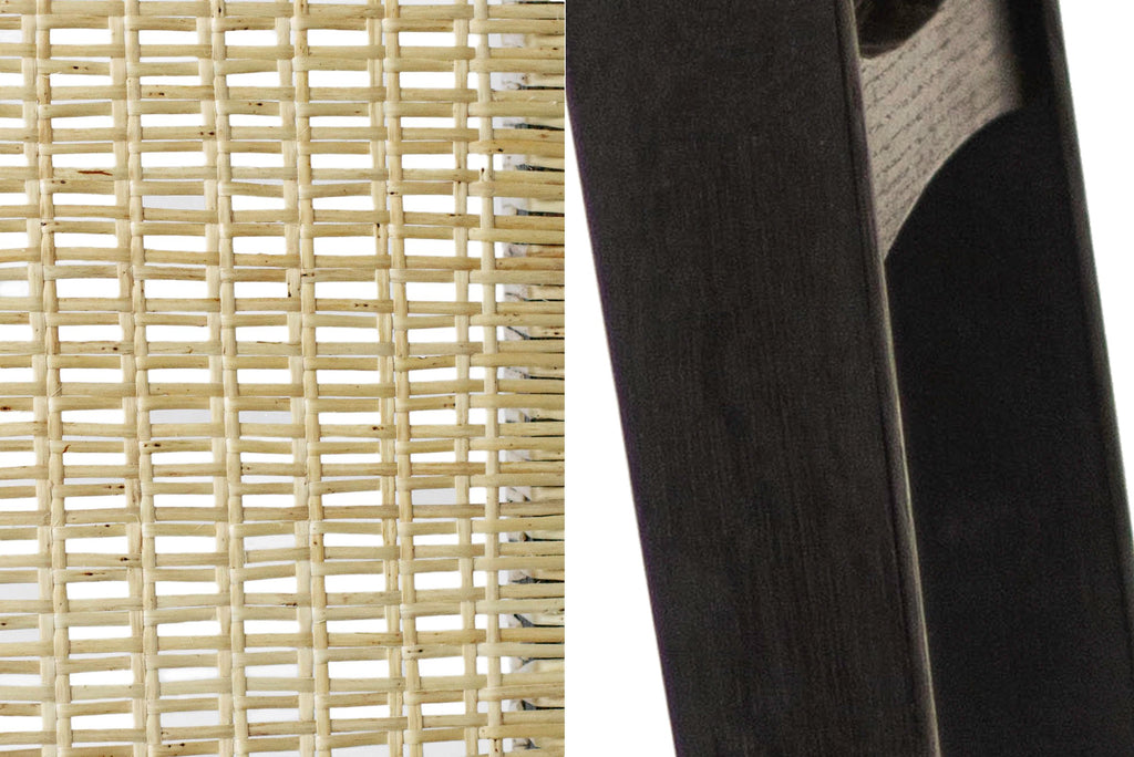 Photo sample of a willow skein woven seat on the left, and ebonised oak frame to the right.