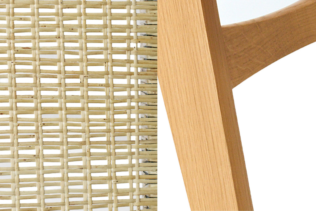 Photo sample of a split willow woven seat on the left, and a natural oak frame on the right.