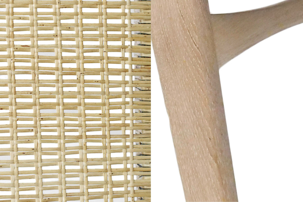Photo sample of a willow skein woven seat on the left, and limed oak frame to the right.