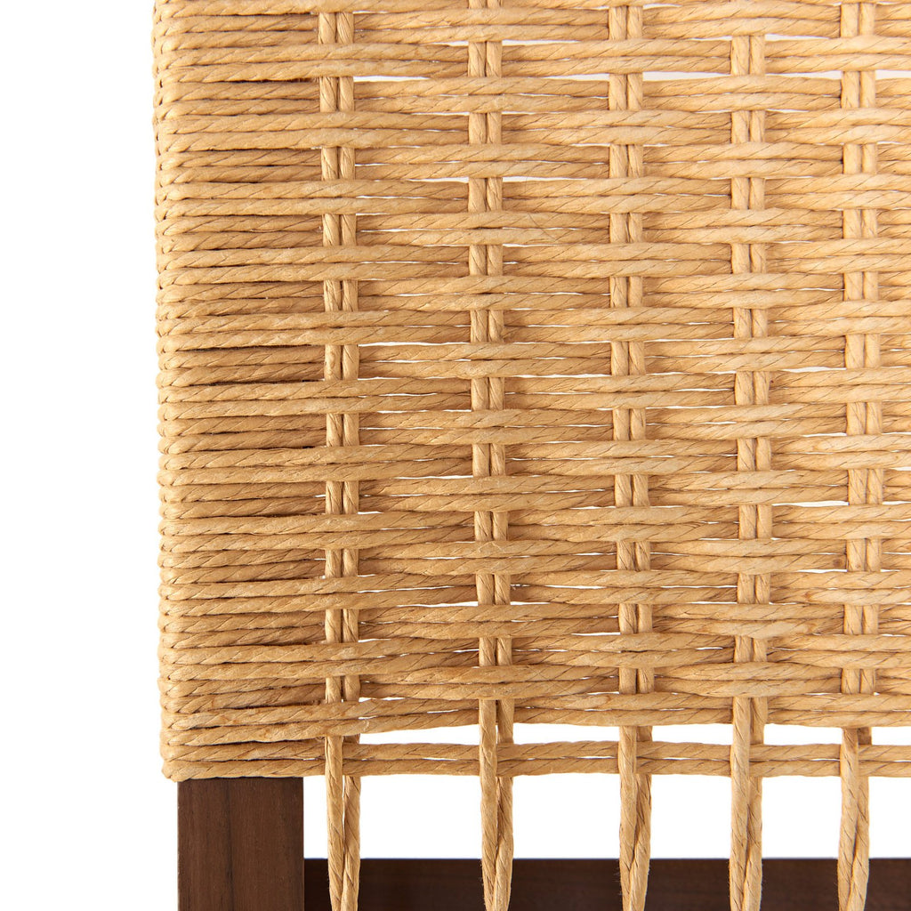 Photo close up of a natural Danish Cord woven seat on a fumed oak pi2 stool frame on a white background.
