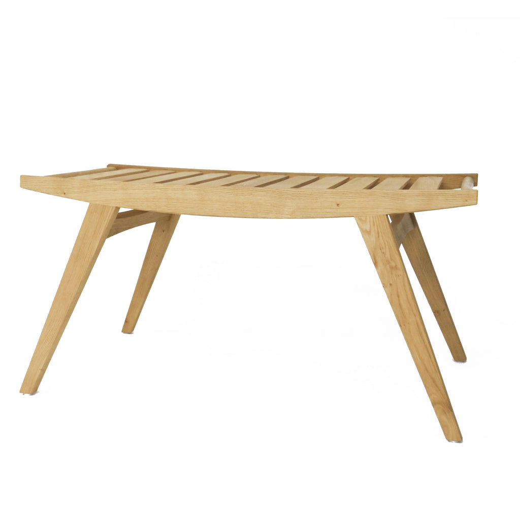 Photo of a natural oak pi2 stool with natural oak slatted seat on a white background.