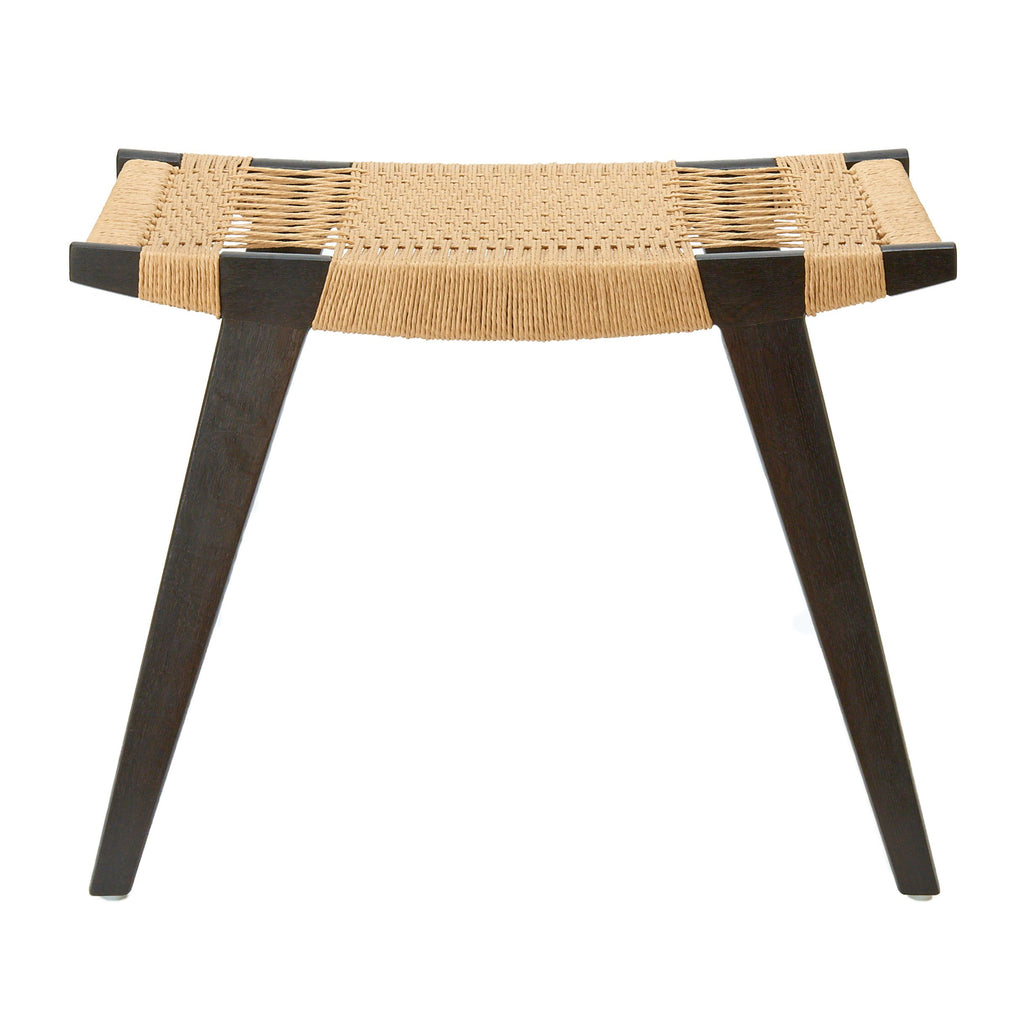 Photo of an ebonised oak and natural Danish Cord pi stool on a white background.