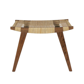 Photo of a fumed oak and split willow pi stool on a white background.