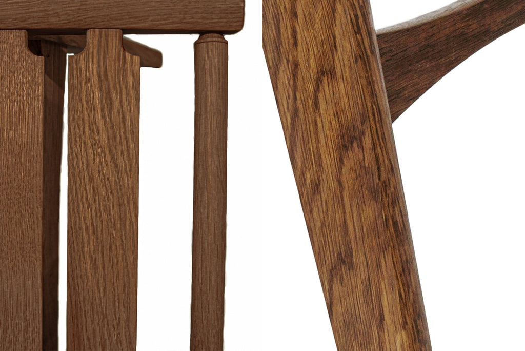 Photo sample of a fumed oak slat seat on the left, and fumed oak frame to the right.