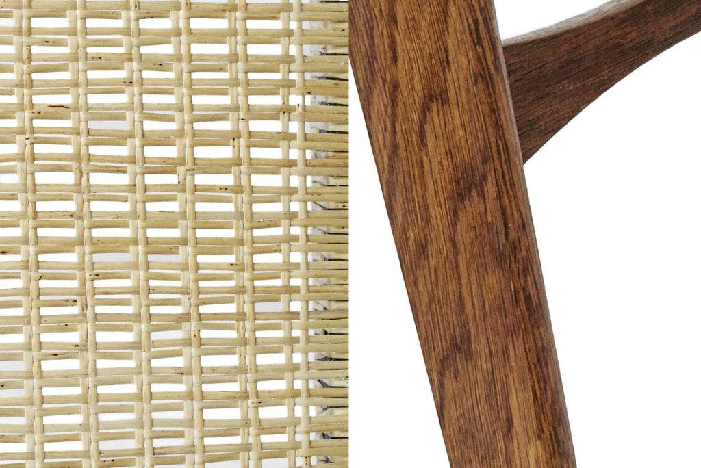 Photo sample of a willow skein woven seat on the left, and fumed oak frame to the right.