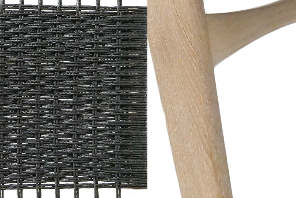 Photo sample of a black Danish Cord woven seat on the left, and a limed oak frame on the right.