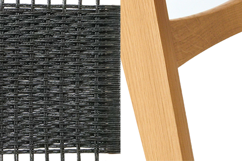 Photo sample of a black Danish Cord woven seat on the left, and natural oak frame to the right.