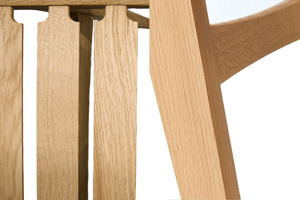 Photo sample of a natural oak slat seat on the left, and natural oak frame to the right.